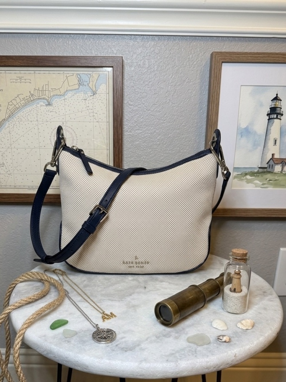 kate spade Rosie Canvas Crossbody in natural color w/navy blue leather trim